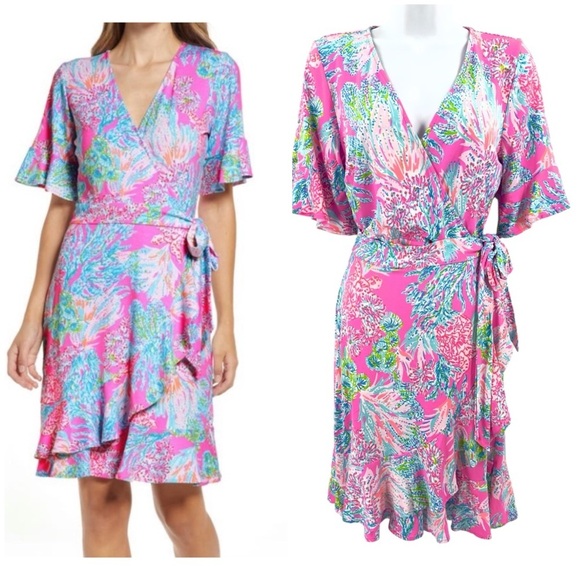 Lilly Pulitzer Dresses & Skirts - Lilly Pulitzer Isella Wrap Dress Womens Size S Prosecco Pink Seaing Things Print